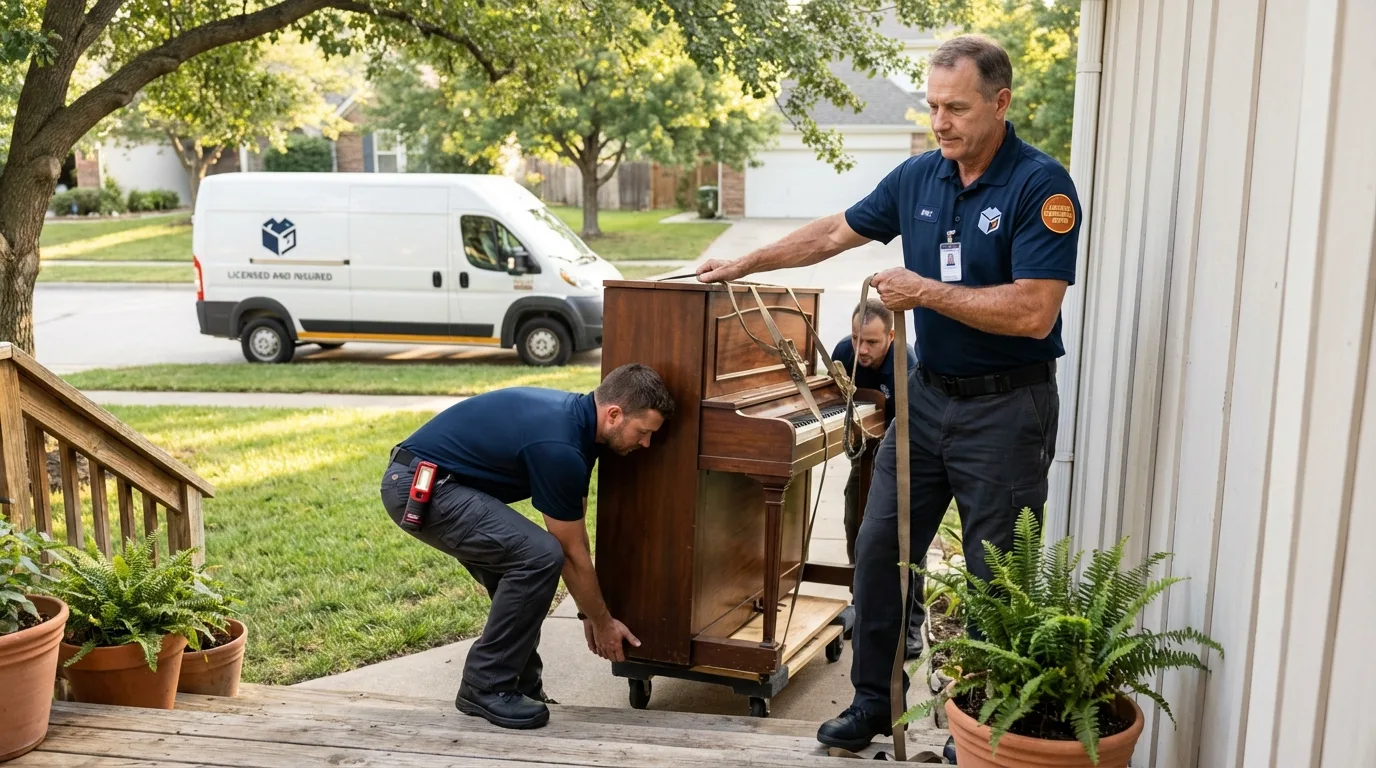 Licensed piano movers securing grand piano in Bensenville, IL