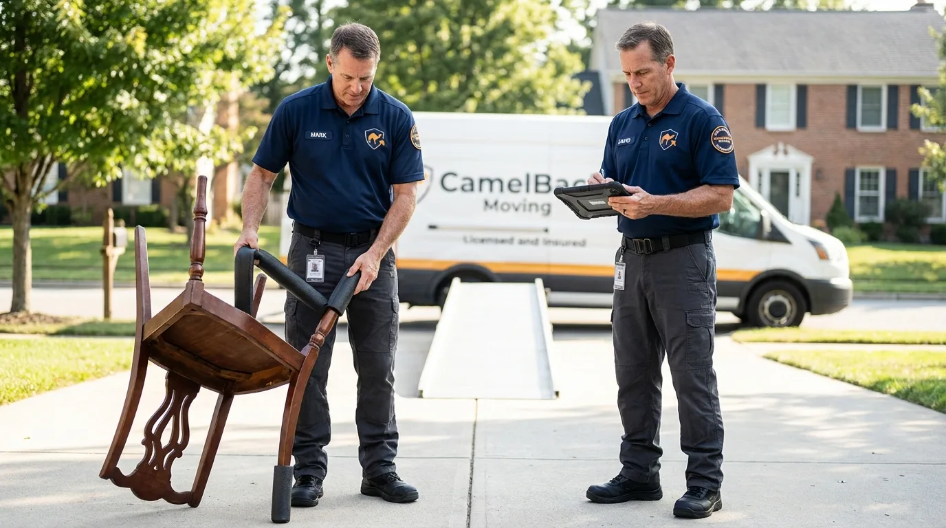 Movers inspecting furniture for damage prevention before loading in Bensenville, IL
